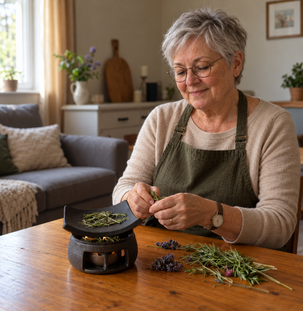 Mann i sofaen legger tørket appelsinskall i urtevarmeren på stuebordet